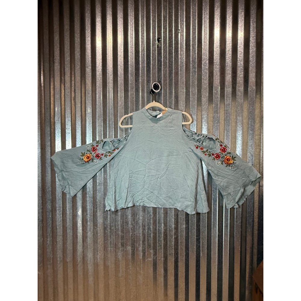 Umgee USA Floral Embroidered Cold Shoulder Bell Sleeve Top Blue Boho Mock Neck M